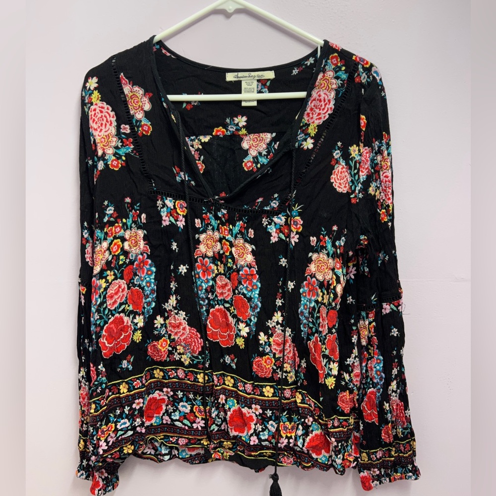 Vintage Black Floral Print Blouse